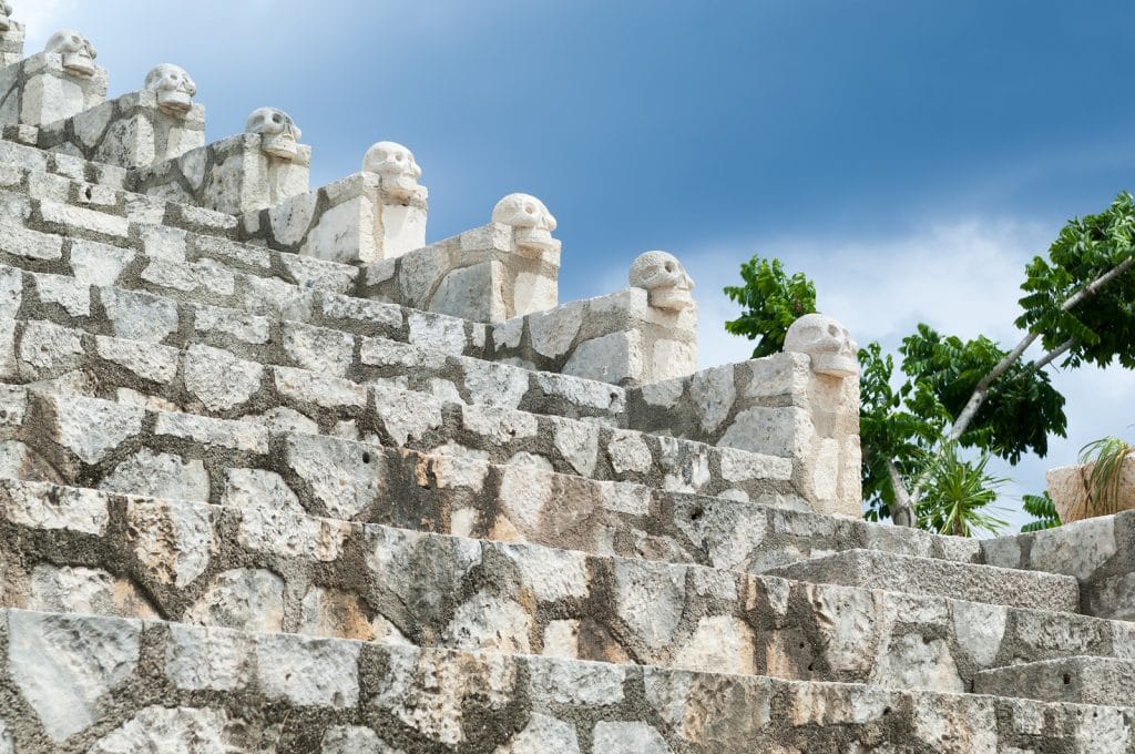Skull bannister at Xcaret theme park in Mexico