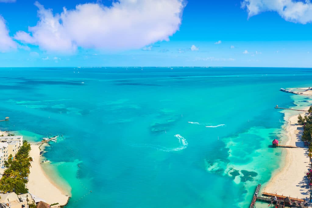 Cancun aerial view of Hotel Zone in Playa Linda at Mexico by Krystal International Vacation Club